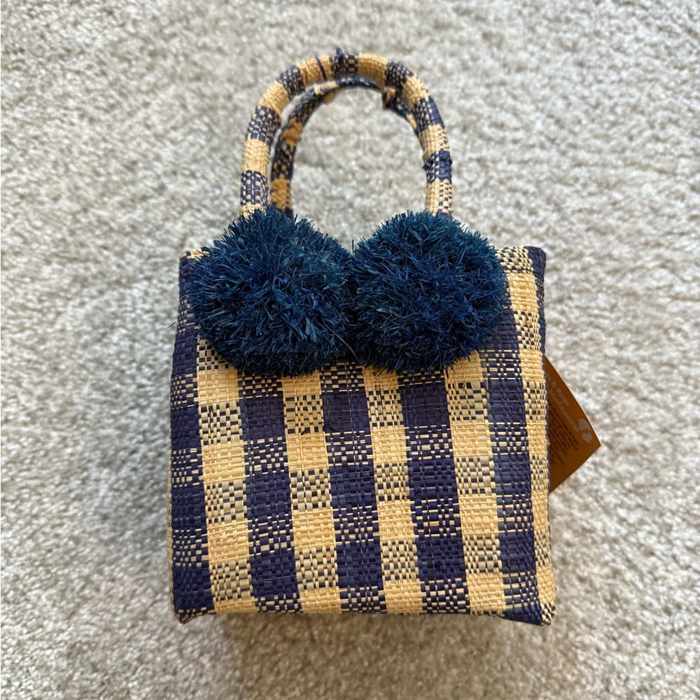Shebobo Straw Woven Check Pom-Pom Tote Bag - Navy & Natural
